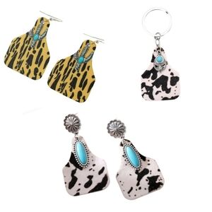 3pc Cattle ear tag cow print faux horse hair western earring keychain set